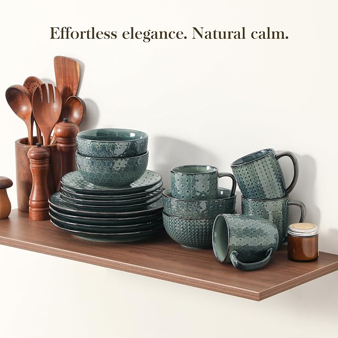 MALACASA 16 Pieces Dinnerware Sets, Farmhouse Plates and Bowls Sets, Embossed - Image 6