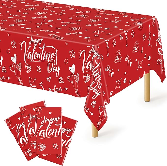 QZYL 4 PCS Valentines Plastic Tablecloths, 54" X 108" Love Heart-Shaped Tablecloths, Disposable Red Valentines Decorations, Rectangle Romantic Galentines Party Favors for Wedding Anniversary Supplies