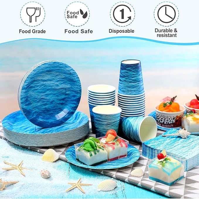 Marsui 200 Pieces Party Supplies Tableware Set Patterns Printed Plates Napkins Cups Table Decorations for Baby Shower Birthday Party (Ocean Style)
