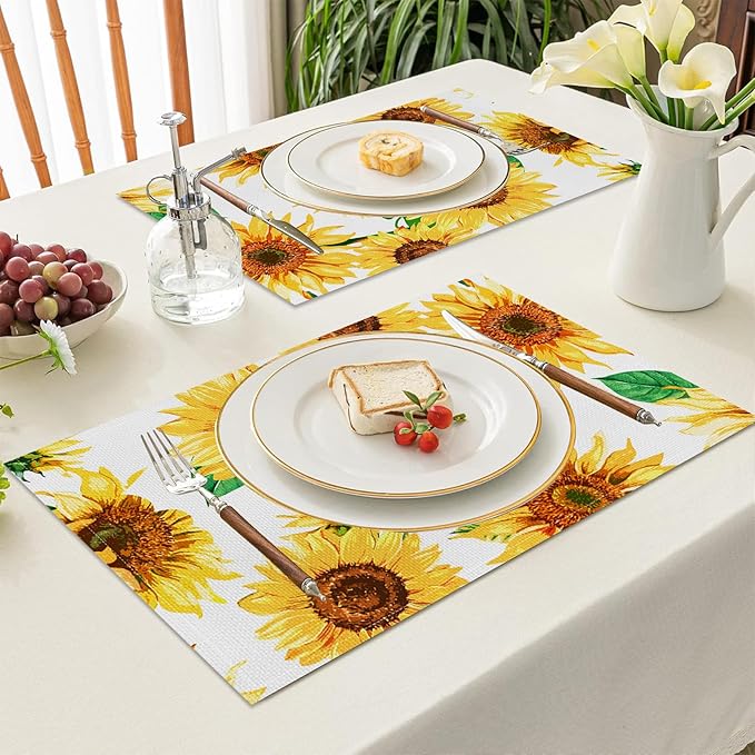 AOFOTO Sunflower Placemats Set of 4 Yellow Flowers Leaves Printed Place Mats Rectangular Artistic Table Mats for Party Home Kitchen Restaurant Dining Table Decor 12x18 Inch