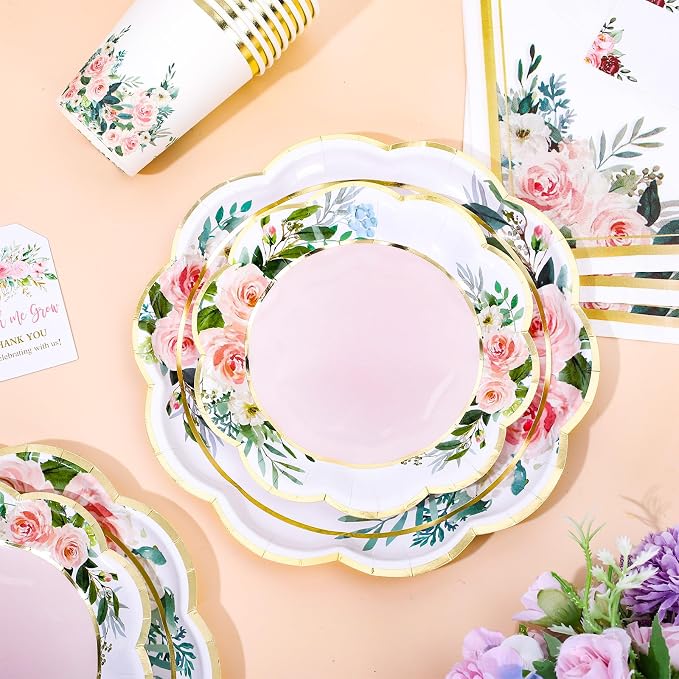 Whaline 100Pcs Pink Floral Paper Tableware Set Spring Flower Gold Foil - Image 3