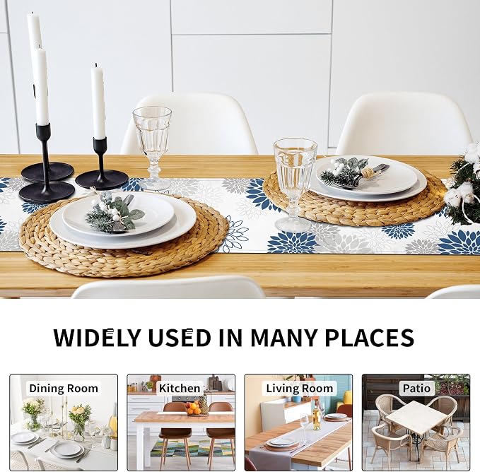Dahlia Flower Table Runner 13x90 Inch Farmhouse Blue Gray Runners Modern Table - Image 3