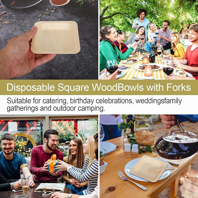 100 Pcs Disposable Palm Leaf Bowls, Square Bamboo Appetizer Plates, Compostable Wood Plates with Bamboo Forks for Birthday Wedding Party, Dessert, Catering and Home Use (4.4 x 4.4x0.5 Inch)