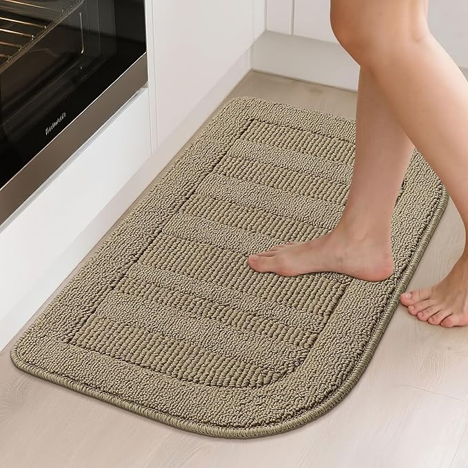BEQHAUSE 30x18 Inch Kitchen Rug Mat Durable Kitchen Rugs Non-Slip Washable Absorbent Kitchen Mats for Floor Dirt-Resistant Semicircular Kitchen Mat (Beige)
