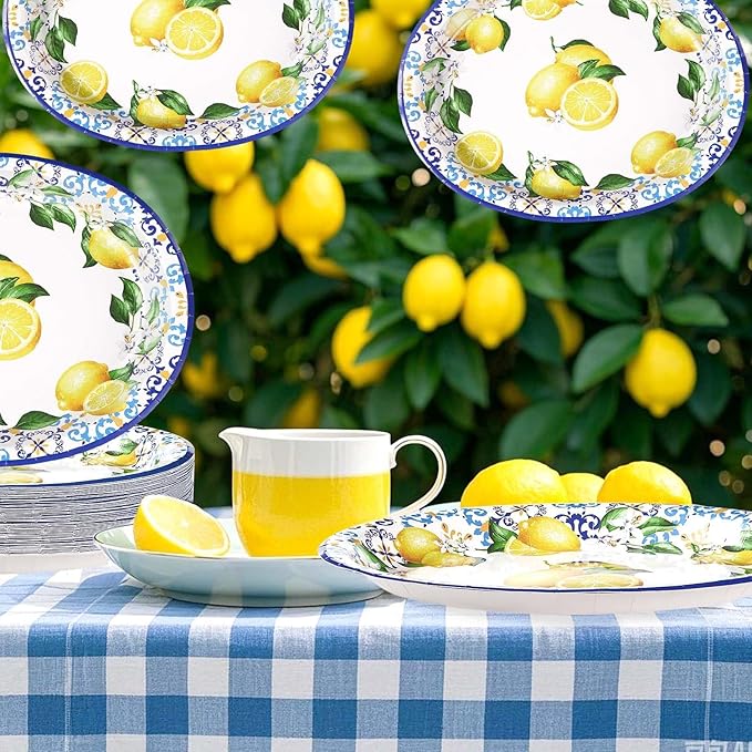 Grencian 50 Pcs Capri Lemon Oval Paper Plates 10"x12" Large Blue Tiles Yellow Lemon Plates Disposable 400 GSM Heavy Duty Capri Lemon Party Supplies for Summer Citrus Fruit Lemon Birthday Party Decor