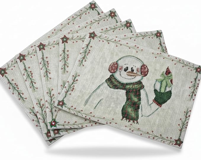 DaDa Bedding Magical Snowman Placemats - Set of 4 Festive Holiday White Tapestry - Cotton Linen Woven Dining Table Mats - 13” x 19” (9733)