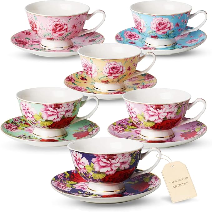 BTaT- Floral Tea Cups and Saucers, 8 oz by BrewToATea