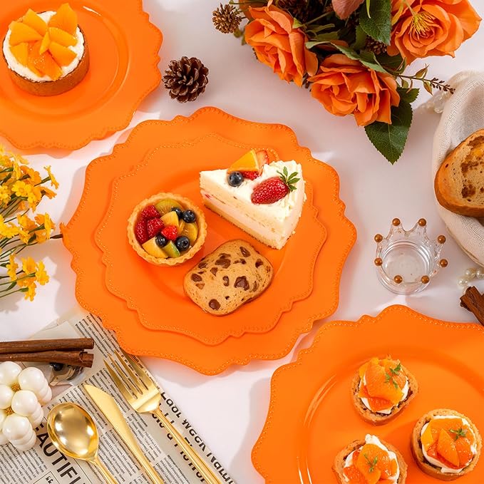 COLOSUS 60 pcs Orange Plastic Plates -Thanksgiving Plastic Plates for Party include 30 Dinner Plate and 30 Dessert/Salad Plate for Wedding,Party,Anniversary,Daily Use