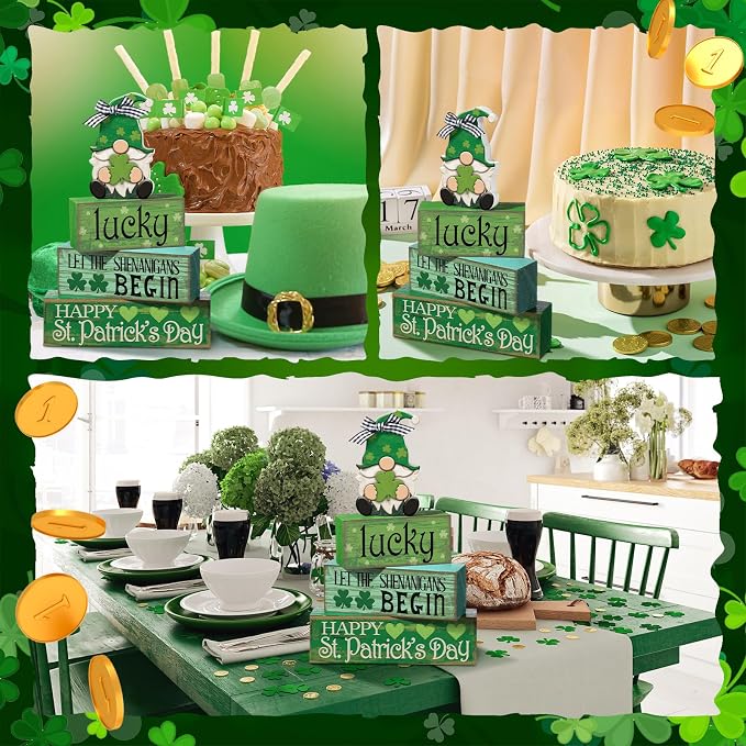 Moucuny 4 Pcs St. Patrick's Day Table Decoration Irish Tiered Tray Decor Wooden - Image 6