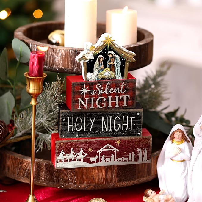 Moucuny 4 Pcs Christmas Table Decor Wooden Christian Religious Decoration - Image 3
