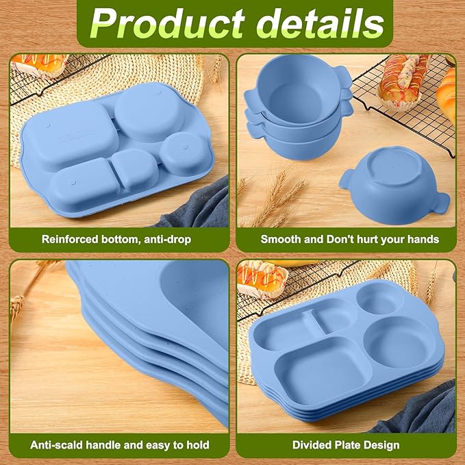 Tanlade 24 Pcs Wheat Straw Dinnerware Cutlery Sets, Divided Plates Unbreakable Bowl Microwave Dishwasher Safe Tableware Cutlery Spoon Knife Fork Cup(Blue)