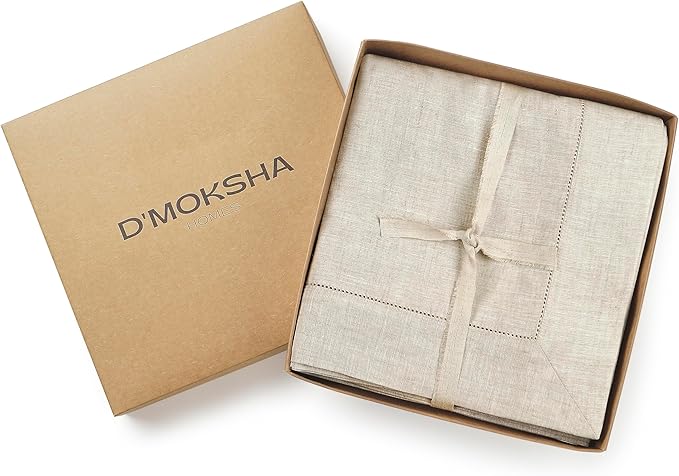 D'Moksha Homes Light Natural Linen Tablecloth for Rectangle Tables 60 x 132 Inch - 100% Pure Linen Natural Table Cloth - Classic Hemstitch, Machine Washable Dining Tablecloth for Valentines, Easter