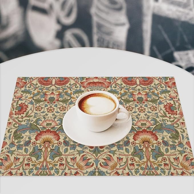 William Morris Placemat Set, Beige Blue Pink Retro Rustic Art Exotic Ethnic Lotus Floral Seamless Pattern Home Decor Linen Table Mats for Dining Room Kitchen Party (17x12in) x2P