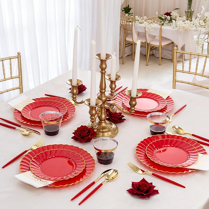 Ciaell 175 PCS Red Scalloped Plastic Plates with Gold Trim - Red Plastic Silverware with Handle - Fancy High-End Dinnerware Sets for Wedding & Valentine's Day & Party