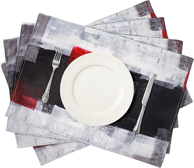 Red and Grey Modern Art Placemats Set of 4, Heat Resistant Non-Slip Artwork Dining Placemats, Washable Place Mats for Home Kitchen (Red and Grey, 18"X12")