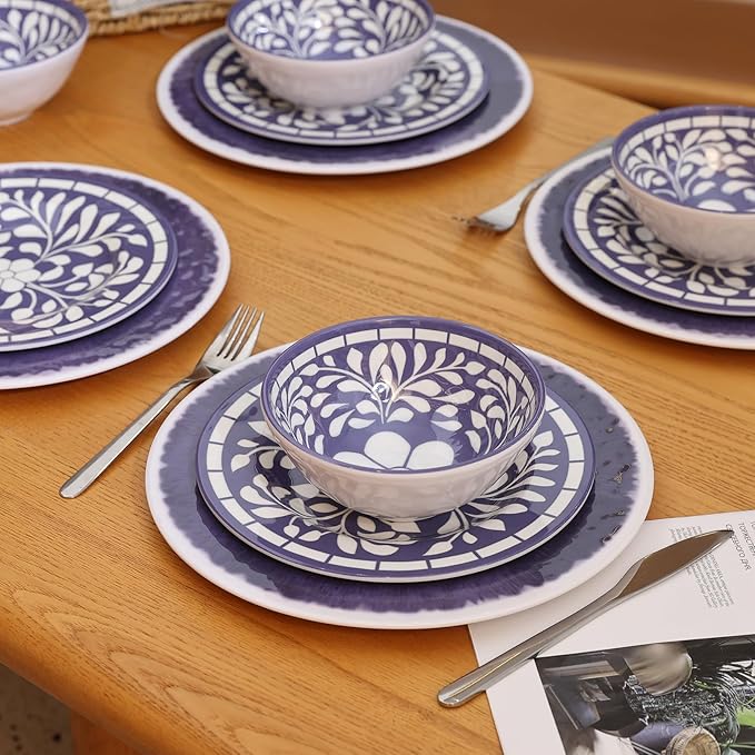 Melamine Dinnerware Set, 12 Pieces Plates and Bowls Set, Unbreakable Dish Set,Lightweight,Camping,Dishwasher Safe,Service for 4, Blue-purple