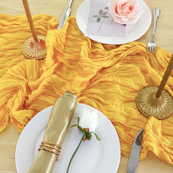 3 Pack Gold Cheesecloth Table Runner 120 Inch Boho Wedding Decor | Cheesecloth - Image 5