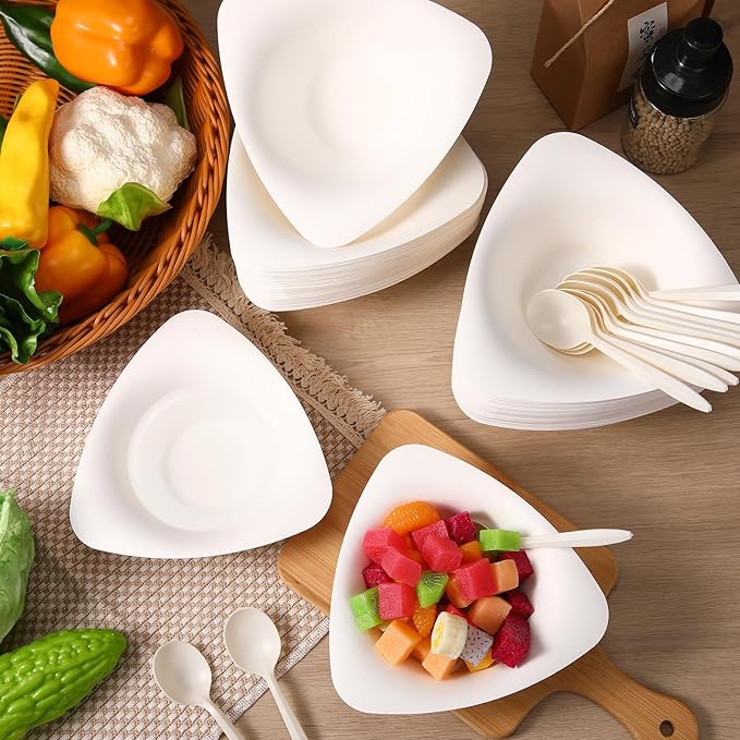 100 Pack Triangle Paper Bowls with Spoon 14oz Disposable Paper Soup Bowls Dessert Fancy Ice Cream Cups for Hot Food, Soup, Salad, Meals