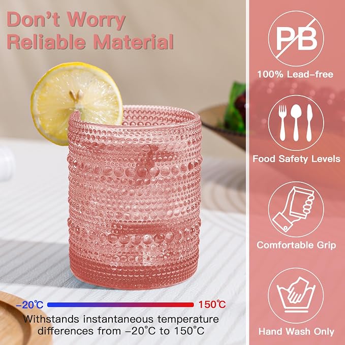 JOVGANK Pink Vintage Hobnail Drinking Glasses Set of 6, Embossed Water Tumbler - Image 3