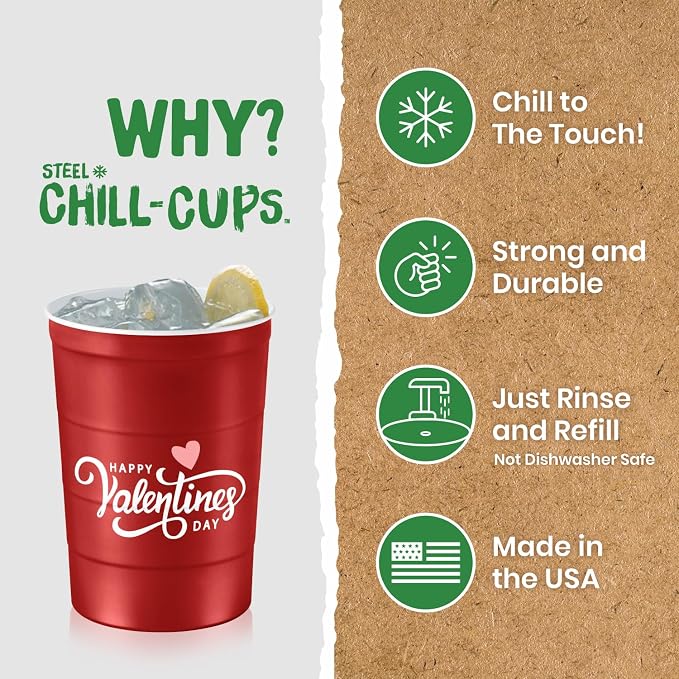 Steel Chill Cups 16 oz. Reusable Party Cups, Valentine's Day, 100% recyclable - Image 3
