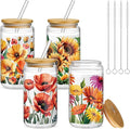 Mumufy 4 Pack Wildflower Glass Cups Gift Aesthetic Cute Glass Cup Tumbler by Mumufy