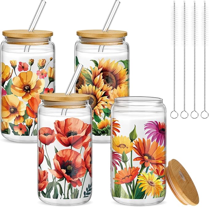 Mumufy 4 Pack Wildflower Glass Cups Gift Aesthetic Cute Glass Cup Tumbler by Mumufy