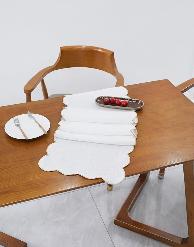 100% Natural Linen Rustic Scalloped Embroidery Table Runner 72 Inches Long - Image 4