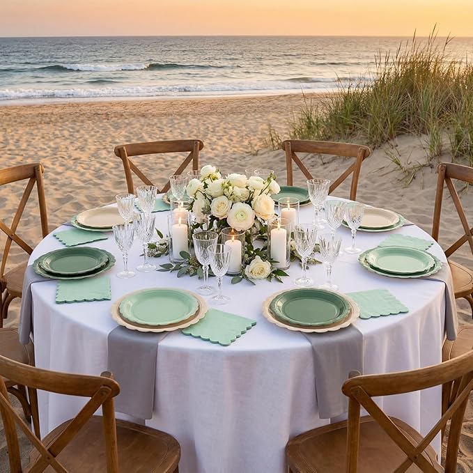 110pcs Sage Green Plates and Napkins Tableware Set Serve 25 Guests Includes Scalloped 9" 7" Paper Dessert Dinner Plate Green Series Napkins for Spring Birthday Wedding Baby Shower Tea Party