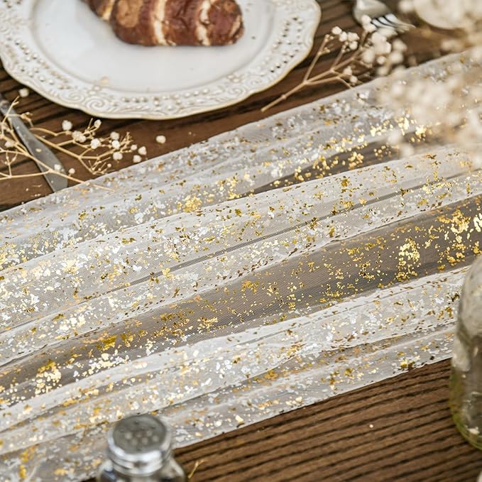 Artoid Mode 6Pcs Beige Gold Gauze Table Runner 120 Inch 10FT, Glitter Metallic Foil Sheer Dining Wedding Anniversary Holiday Birthday Table Decor for Home Party