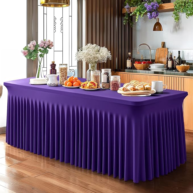 Wish Care 6 Pack Dark Purple Spandex Table Clothes for 8 Foot Rectangle Tables, 8FT Wrinkle Free Fitted Tablecloths Ruffles Design Table Cover for Party, Banquet, Wedding and Events