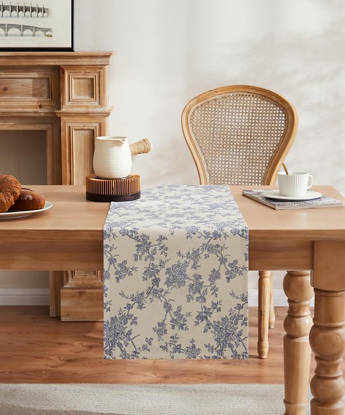French Pastoral Farmhouse Table Runners, 13x36 Inch Blue | 100% Organic Cotton - Image 2