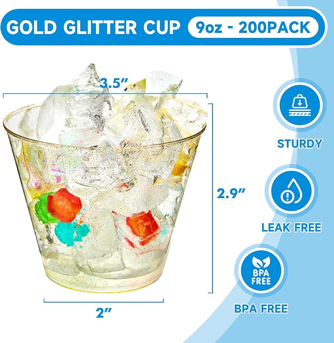 RACETOP 9 oz 200 Pack Gold Glitter Plastic Cups | Disposable Gold Glitter Clear - Image 2