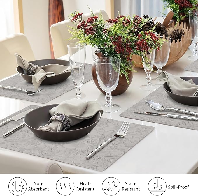 SolaraDawn Faux Leather Table Placemats Set of 4, Washable, Wipeable & Heat-Resistant Table Mats, Waterproof Dining Place Mats with Embossed Texture for Kitchen & Dining, Light Gray, 17" × 12"