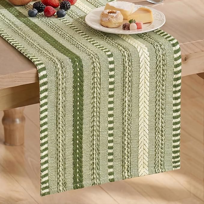Artoid Mode Army Green Farmhouse Stripe Braided Table Runner 12x108 Inch | by ArtoidMode