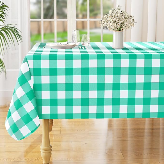 misaya Square Waterproof Vinyl Table Cloth, Buffalo Flannel Backed Tablecloth, Wipeable Plastic Table Cover for Dinner, Kitchen, Outdoor (60" x 60", Green and White)