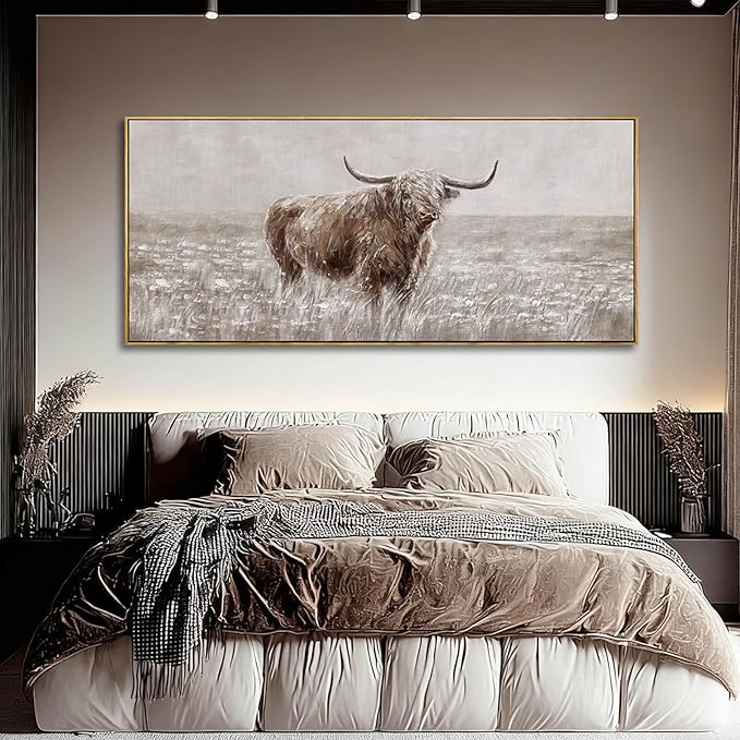 MLART99 Rustic Highland Cow Canvas Vintage Animal Print Brown Ox Wall Art Extra large Artwork- 32x70 Inch Decorative Piece for Country Style Home Decor for Living Room Entryway