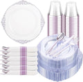Hioasis 175pcs Clear and Purple Plates - Purple Party Plates for 25 Guest, Include 50 Heavy-duty Plates(20% Thicker Than Standard), 25 Pre Rolled Gold Plastic Silverware Set, 25 Cups