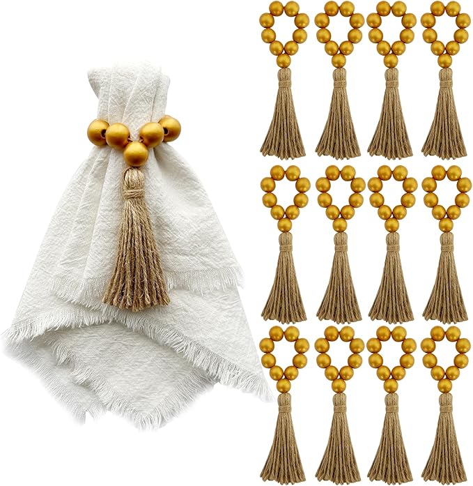 Napkin Rings Set of 12,Wooden Napkin Rings,Wood Bead Elastic Farmhouse Napkin Ring with Tassel,Boho Napkin Holder for Table Decor,Weeding,Dinner,Party(Gold)