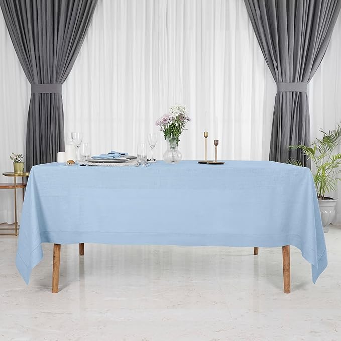 D'Moksha Homes Powder Blue Linen Tablecloth 60 x 108 Inch - 100% Pure Linen Blue Table Cloth for Rectangle Tables - Classic Hemstitch, Machine Washable Tablecloth for Spring, Easter