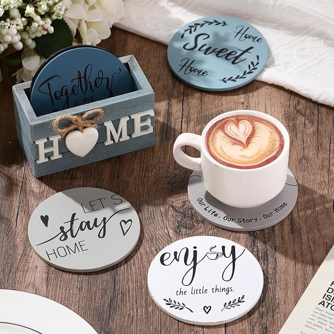 Queekay Coasters Set of 6 House Warming Gifts New Home Wooden Farmhouse Drink - Image 5