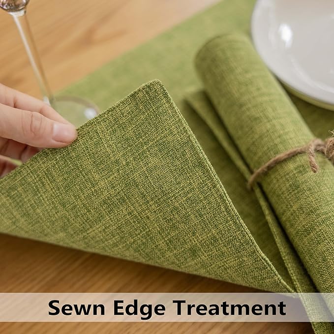 Demetex Table Placemats Set of 8 Olive Green Linen Place Mats Washable Fabric Plate Mats for Picnic Camping Barbecue, 13x19 inch, Lime Green