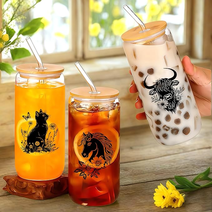 Cute Black Cat Glass Cup With Lids And Straws, Black Cat Gift For Women, Iced, Coffee, Smoothie, Cocktail, Beer, Whiskey, Soda, Matcha,16 Oz, Home Office Table Desk Decoration!