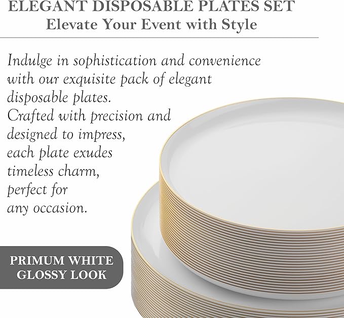 BloominGoods 50 PCS Disposable Plastic Plates For Party, 25 8.5 In. Appetizer Plates And 25 10.5 In. Dinner Plates, White With Gold Rim Plates For Wedding Or Event, Heavy Duty