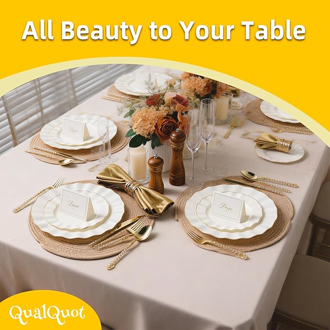 72PCS Ivory White Plastic Plates, Heavy Duty Disposable Party Plates with Gold Rim, 36 Dinner and 36 Dessert for Parties and Wedding