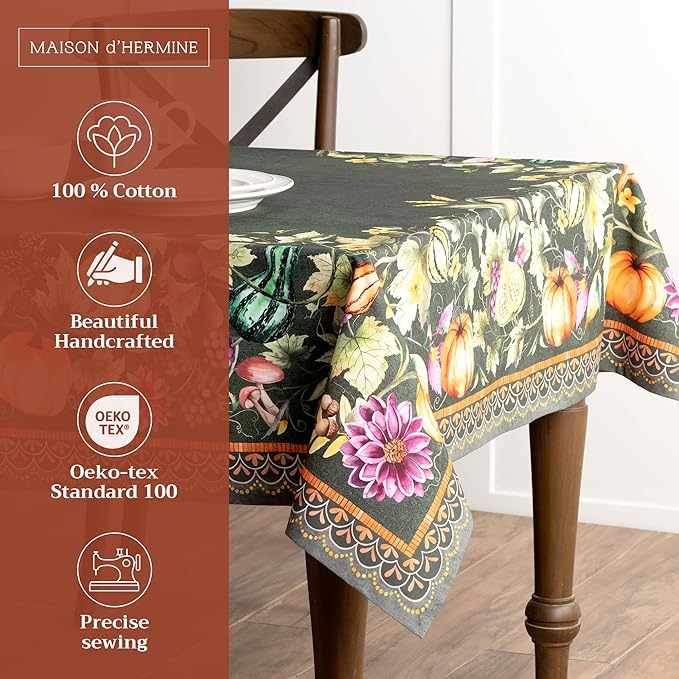 Maison d' Hermine Table Cloth Square Table 100% Cotton 54 x 54 Inches Fall Tablecloth Reusable Everyday Use for Thanksgiving Christmas Decorations Dining Farmhouse Party (Pumpkin Garden - Dark Green)