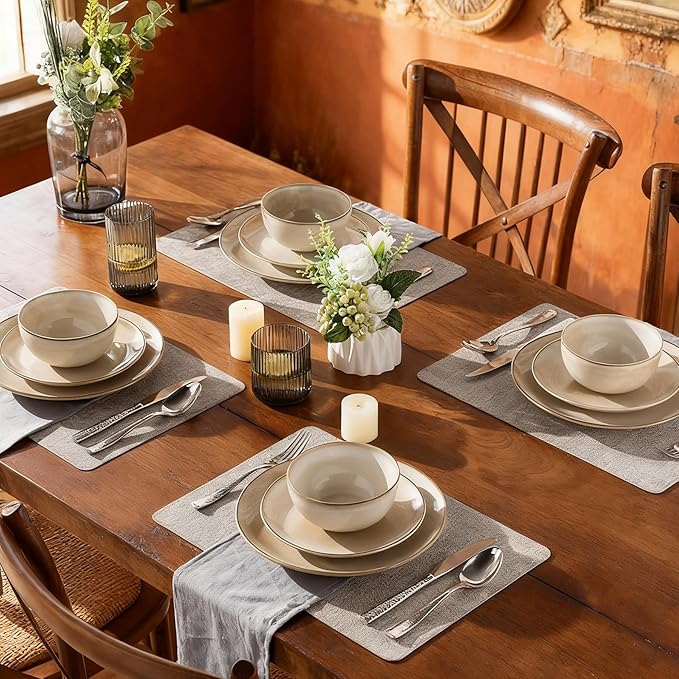 AmorArc Ceramic Dinnerware Sets for 4, 12 Pieces Handpainted Stoneware Plates and Bowls Set, Scratch Resistant Dishes Set, Dishwasher & Microwave Safe, Cappuccino