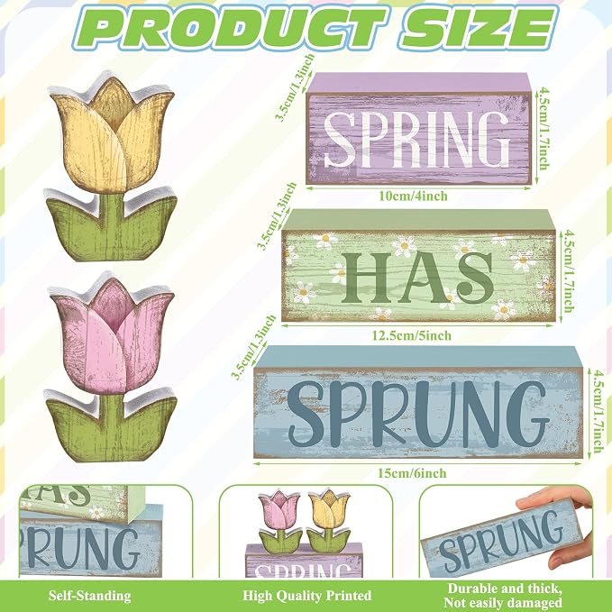 Moucuny 4 Pcs Spring Table Decorations Wooden Stacked Block Sign - Image 3