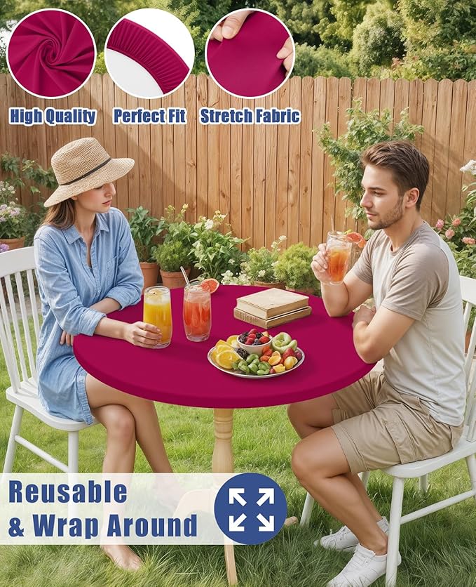 Round Spandex Tablecloth, Elastic Fitted Waterproof Tablecloths for 42"-50" Tables, Stretch Washable Picnic Table Cover for Camping, Dining, Indoor and Outdoor, Fuchsia