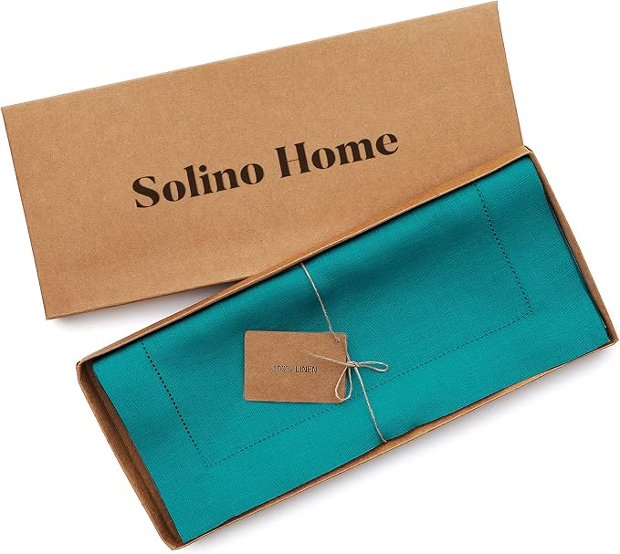 Solino Home 100% Pure Linen Dining Table Runner Teal Hemstitch, 14 x 132 in | - Image 5