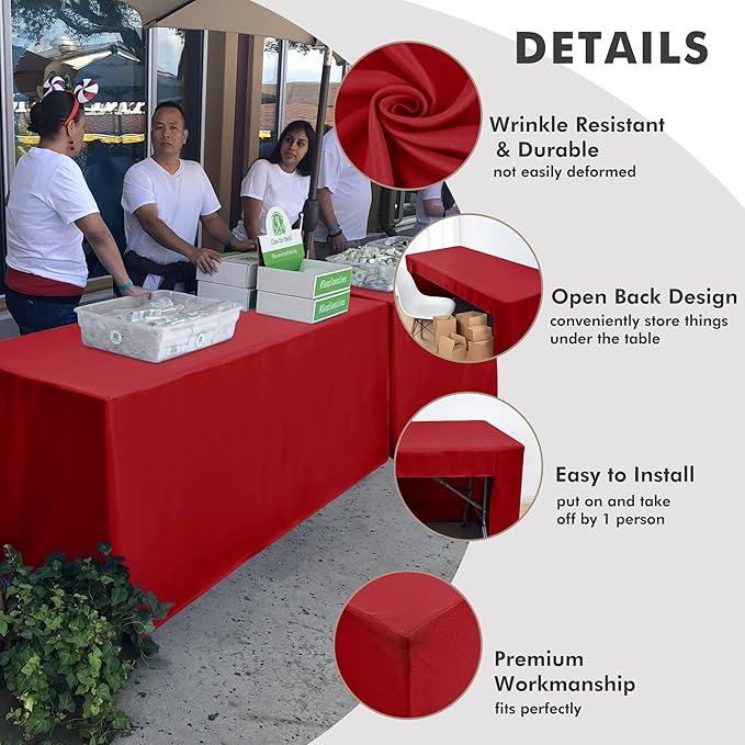 Nasitos 2 Pack 8ft Tablecloth Fitted Red Trade Show Table Covers-Open Back Christmas Tablecloth Washable Fabric Table Cloth for Craft Show, Events, Vendor Booth